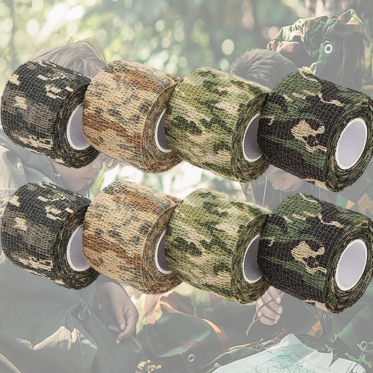 8 Rollen Zelfklevende Camouflagetape, beschermende camouflagebandag Buitenshuis Niet-geweven camouflage tape Zelfklevende Beschermende Tape voor Buitenactiviteiten, Militaire Toepassingen, Fotografie