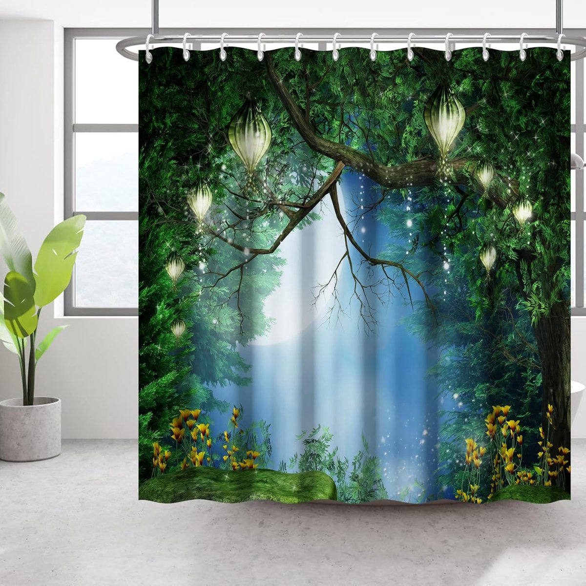 Douchegordijn Bos Moonlight Sterrenhemel Douchegordijn voor Badkamer, Natuur, Rustige Atmos, Lantaarns op magische boom, Douchegordijn, Accessoires