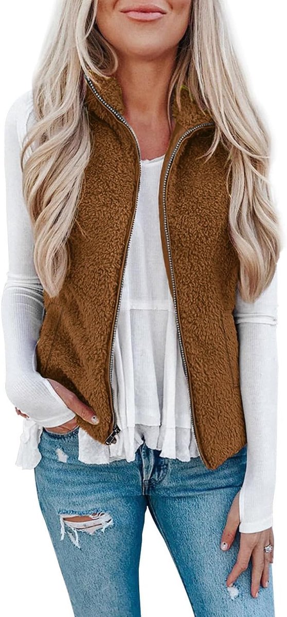 Teddyfleece gilet voor dames, effen bodywarmer, behaaglijke lichte gilets, mouwloos, staande kraag, rits en zakken