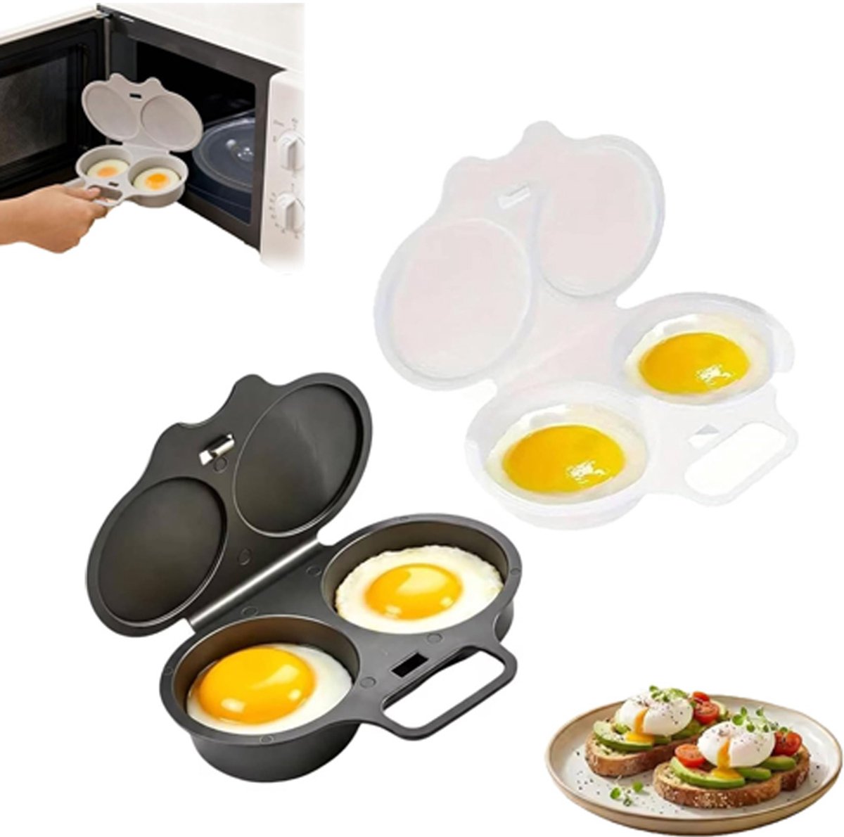 2 stuks Eierkoker magnetron - Eierkoker - Eierkoker 2 eieren - Magnetron-eierkoker - Plastic eierfriteuse - Eierstoomvorm - Met deksel en handvat - Hittebestendig - Snel ei koken bakken - 16x11.5x3cm - Donkergrijs,Wit