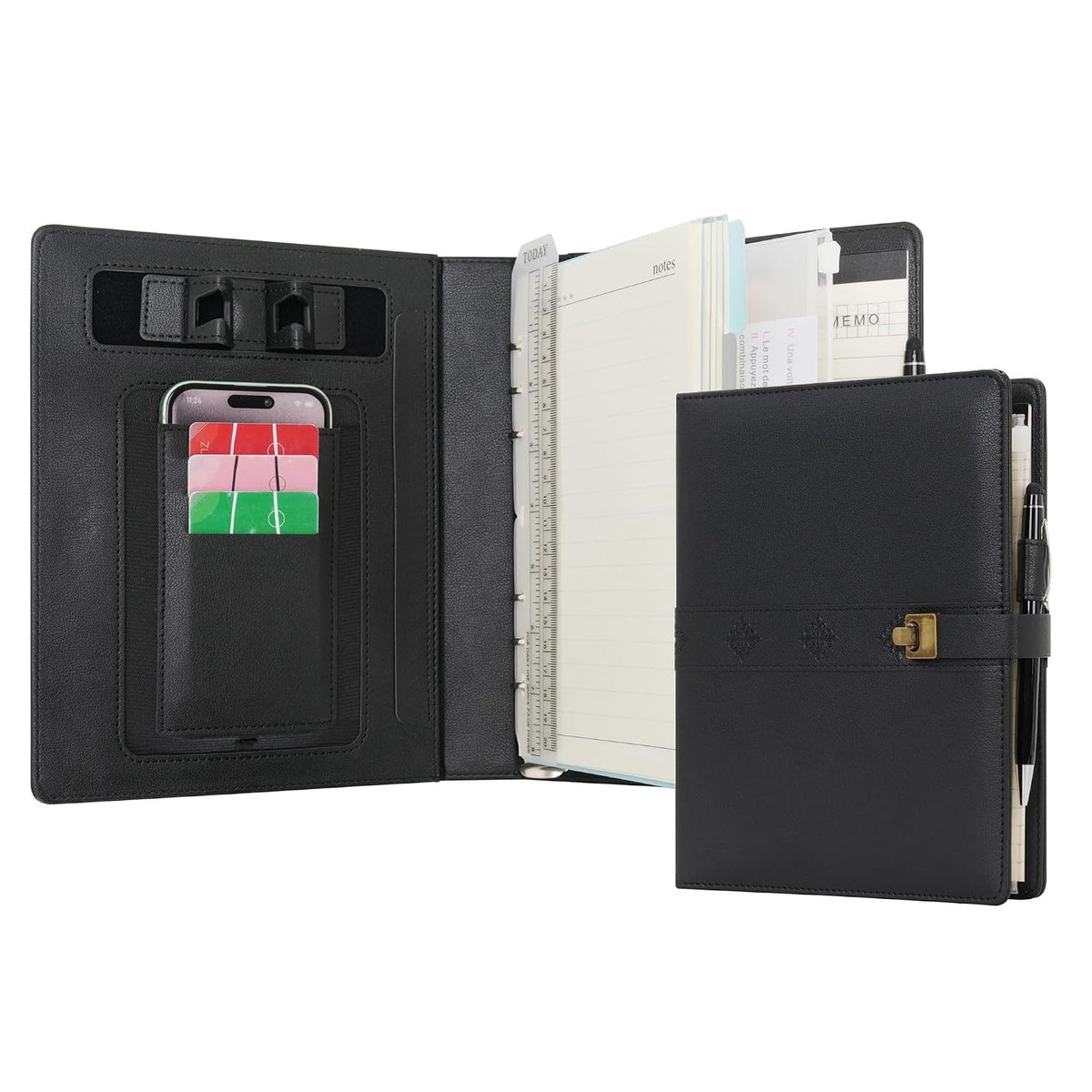 A5 Notitieboek Portfolio - Vintage PU-Leer Ringband Organizer met Ingebouwde Telefoonstandaard & Telefoonvak, Ritsvak, Klembord | Hervulbaar Dagboek Papier voor Zakelijk(Zwart)