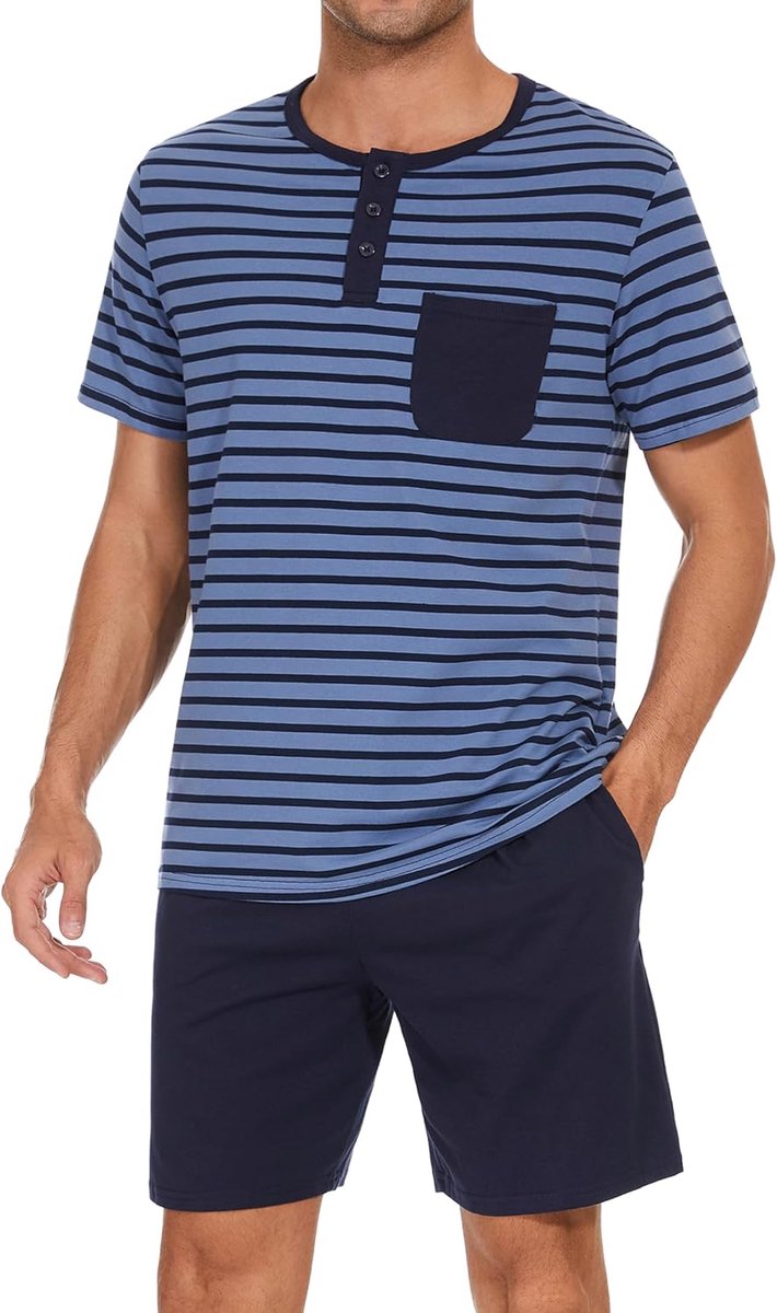 Pyjama voor heren, van katoen met contrasterende strepen, zomerpyjamaset, bovendeel en korte broek, vader en partner, groen, L