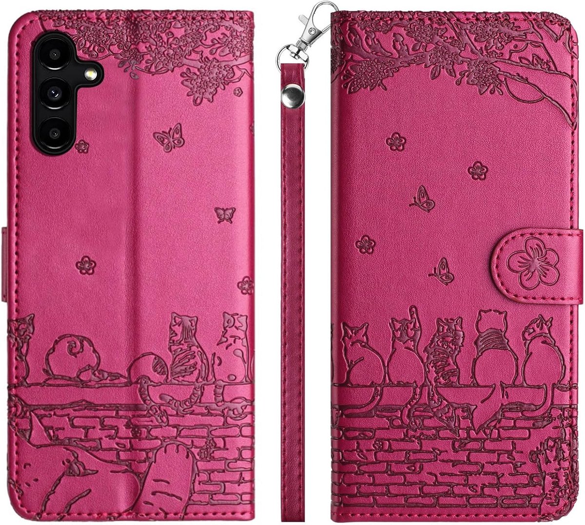 Flip Hoesje voor Samsung Galaxy A54 5G, Vlinders Katten Bloemen PU-lederen Klapbare Hoes Telefoonhoesje Portemonnee Hoesje Cover met Kaarthouder Standaard Magneetsluiting, Purper Rood
