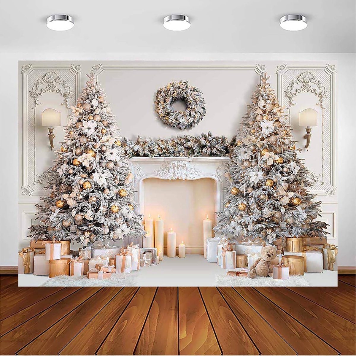 Kerstachtergrond - witte open haard winter foto achtergrond met kerstboom, familie kinderen partij decoraties & foto cabine rekwisieten (3 x 2 m)