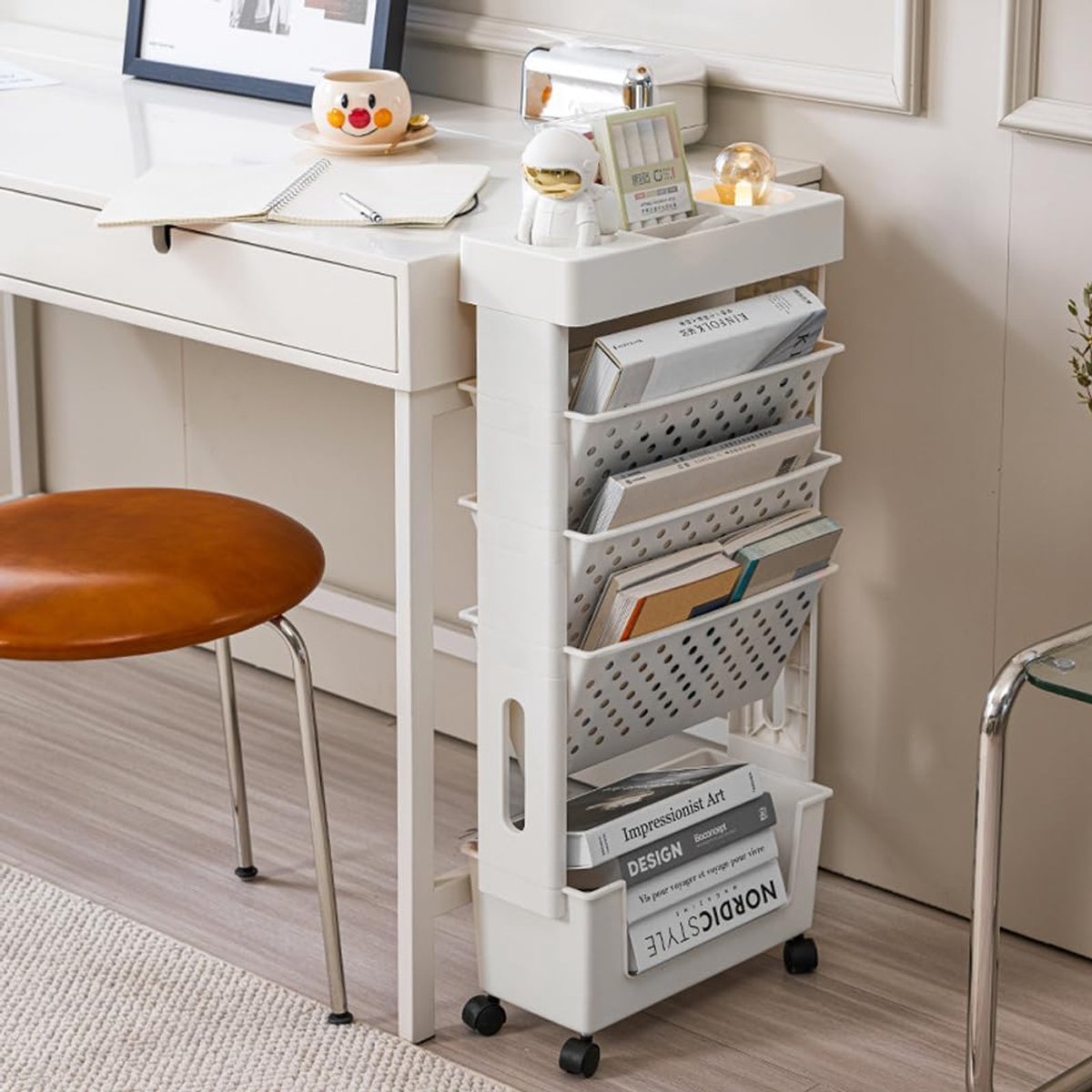 Boekenplank, 5-Tier Beweegbare Boekenplank Kar Met Wielen, Utility Documenten Organizer Boekenplanken Voor Kinderen Kinderen Studenten Studeren In Slaapkamer Woonkamer Thuis School,