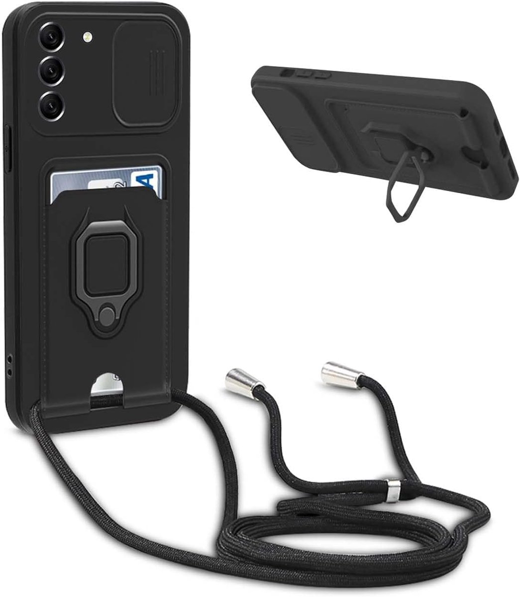 Telefoonhoesje met koord, compatibel met Samsung Galaxy S23 Plus, schuifje ter bescherming van de camera, 360 graden ringhouder, standaard, kaartenvak, verstelbare halsketting, siliconen hoes,