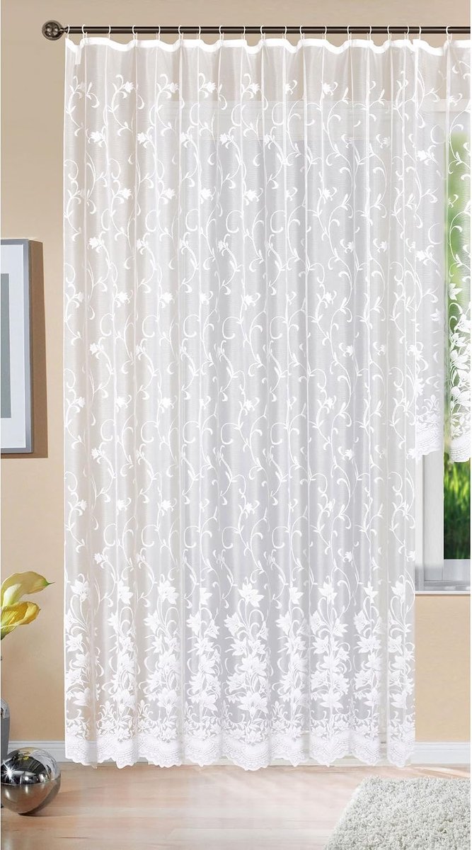Store Langstore Jacquard Koblenz H x B 245 x 450 cm plooiband universele band wit bloemenpatroon transparant voile gordijn woonkamer