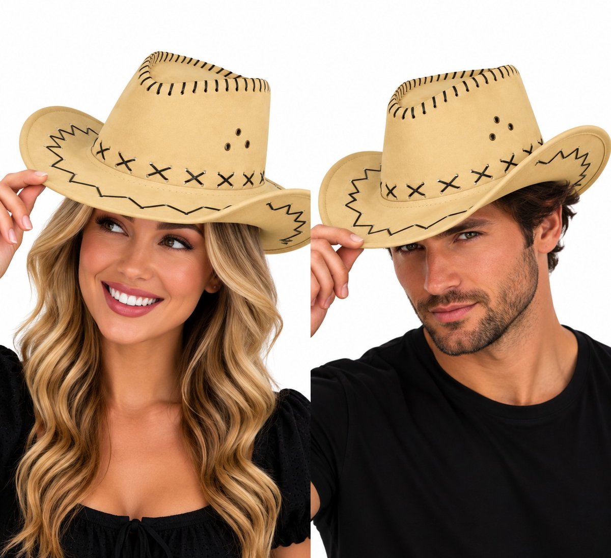 Haarsoires Cowboyhoed - Western Hoed met Stiksel - Beige - Cowboy Hoed - Dames & Heren - Festival Carnaval Themafeest