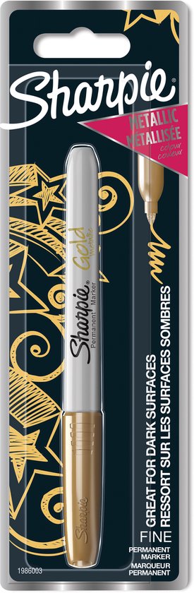 Sharpie permanente marker met fijne punt in metallic goud, ideaal voor donkere oppervlakken.