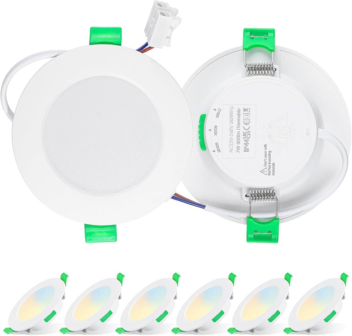 Set van 6 dimbare LED-inbouwspots 7 W 220V-240V IP44 LED-plafondlamp voor Badkamer, Keuken, 3000K/4000K/6500K, Wit 6 stuks