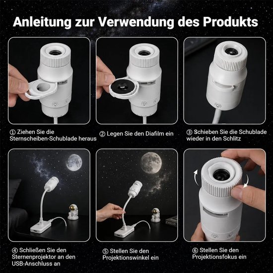 Kindvriendelijk, dimbaar LED-nachtlampje met sterrenhemelprojectie – 2-in-1 sterrenhemellamp, 360° flexibele verstelling, USB-slaaplampje met sterrenhemeleffect, inclusief 6 projectieslides. — afbeelding 5