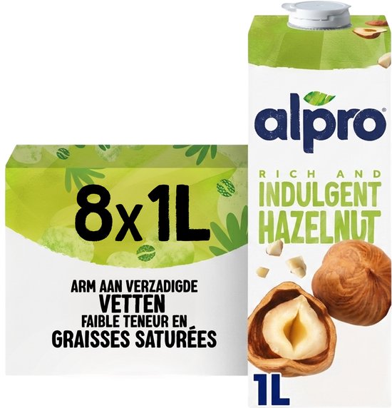 Alpro hazelnootdrink 1L en een doos van 8x1L, beide met afbeeldingen van hazelnoten.