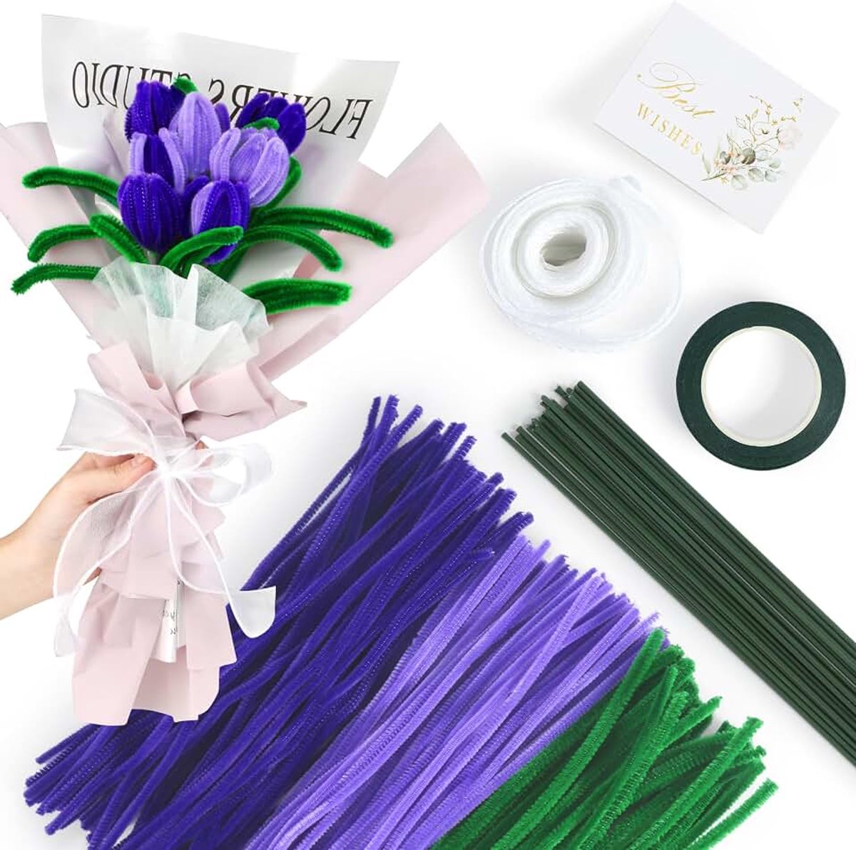 Pijpenragers, bloemen, 3 kleuren pijpenragers om te knutselen met cadeaupapier, wenskaart, lint, bloemenstaaf, pijpreiniger, bloemenset voor 16-20 tulpen of lavendelboeketten