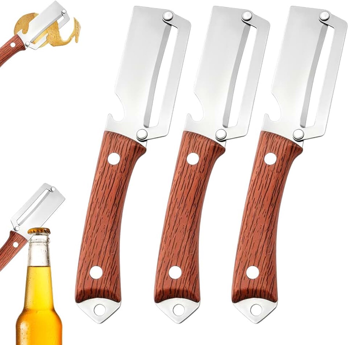 Groenteschiller, groenteschiller met houten handvat, groente- en fruitschiller, met flesopener, geschikt voor fruit, groenten en vleesbroodjes