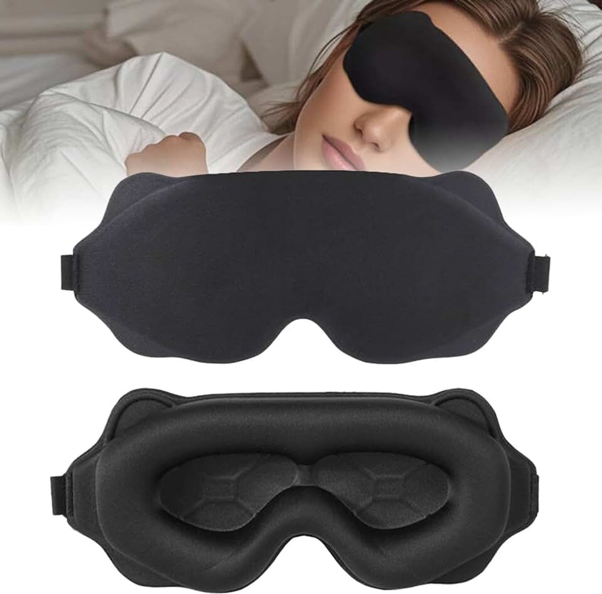 Slaapmasker voor heren en vrouwen, lichtblokkerend slaapmasker met verstelbare elastische band, 3D-slaapmaskers, 20 mm diepe oogkassen en verhoogde neuspads, voor nap, nacht, reizen (zwart 1)