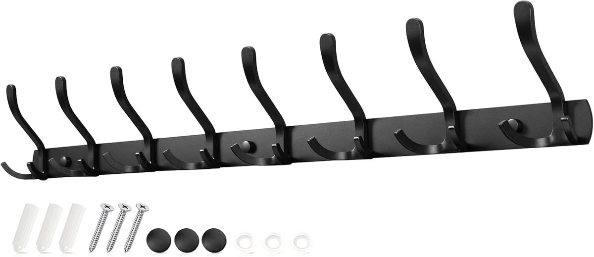 3-in-1, kledinghaak, metaal, zwart, met 24 haken, kapstok voor jassen, mantels, tassen, hoeden, sleutels, haaklijst, wandgarderobe voor garderobe, hal, badkamer
