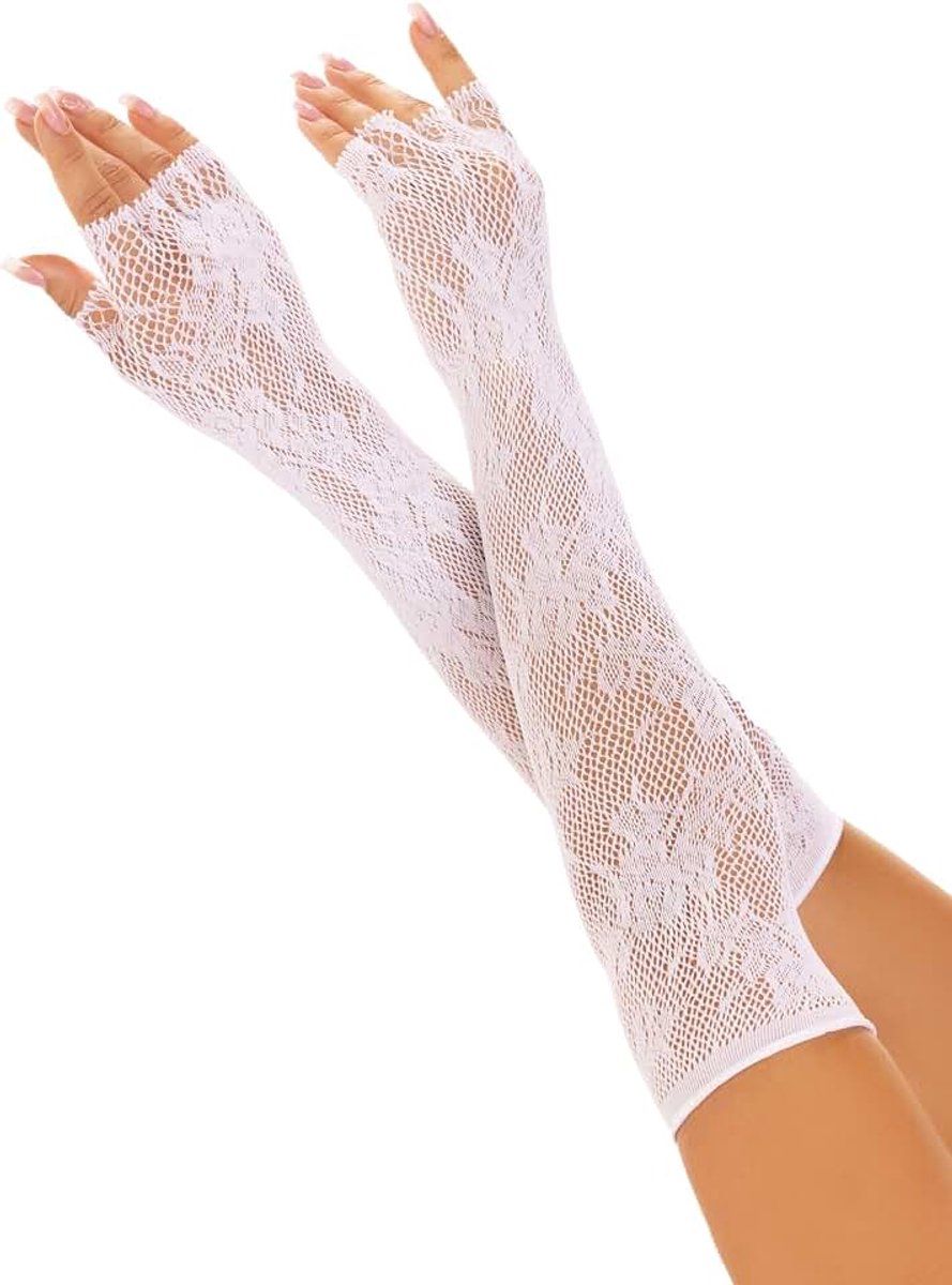 Avenue Women’s Seamless Lace Opera Length Floral Fingerless Gloves, White, White, One size
