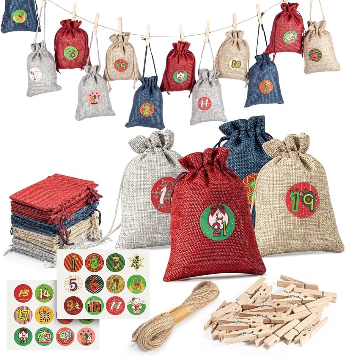 Adventskalenders, kerstcadeauzakjes, doe-het-zelf, kerstkalender met 1-24 adventsnummerstickers, cadeauzakjes voor kinderen, 10 x 14 cm