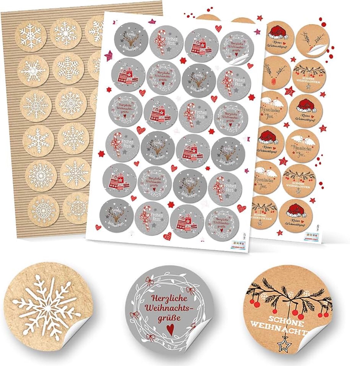 3 x 24 kerststickers cadeaustickers FROHE Kerstmis + sneeuwvlok kerststicker rond 4 cm grijs wit rood natuur zwart verpakking kerstgeschenken geschenkverpakking