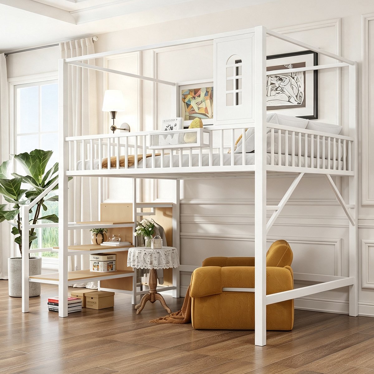Zubaliya Kinderbed, Metaal hoogslaper, afmetingen 140 x 200 cm, multifunctionele hoogslaper met bovenframe en veiligheidsladder, creatief tienerbed, volwassenenbed. wit