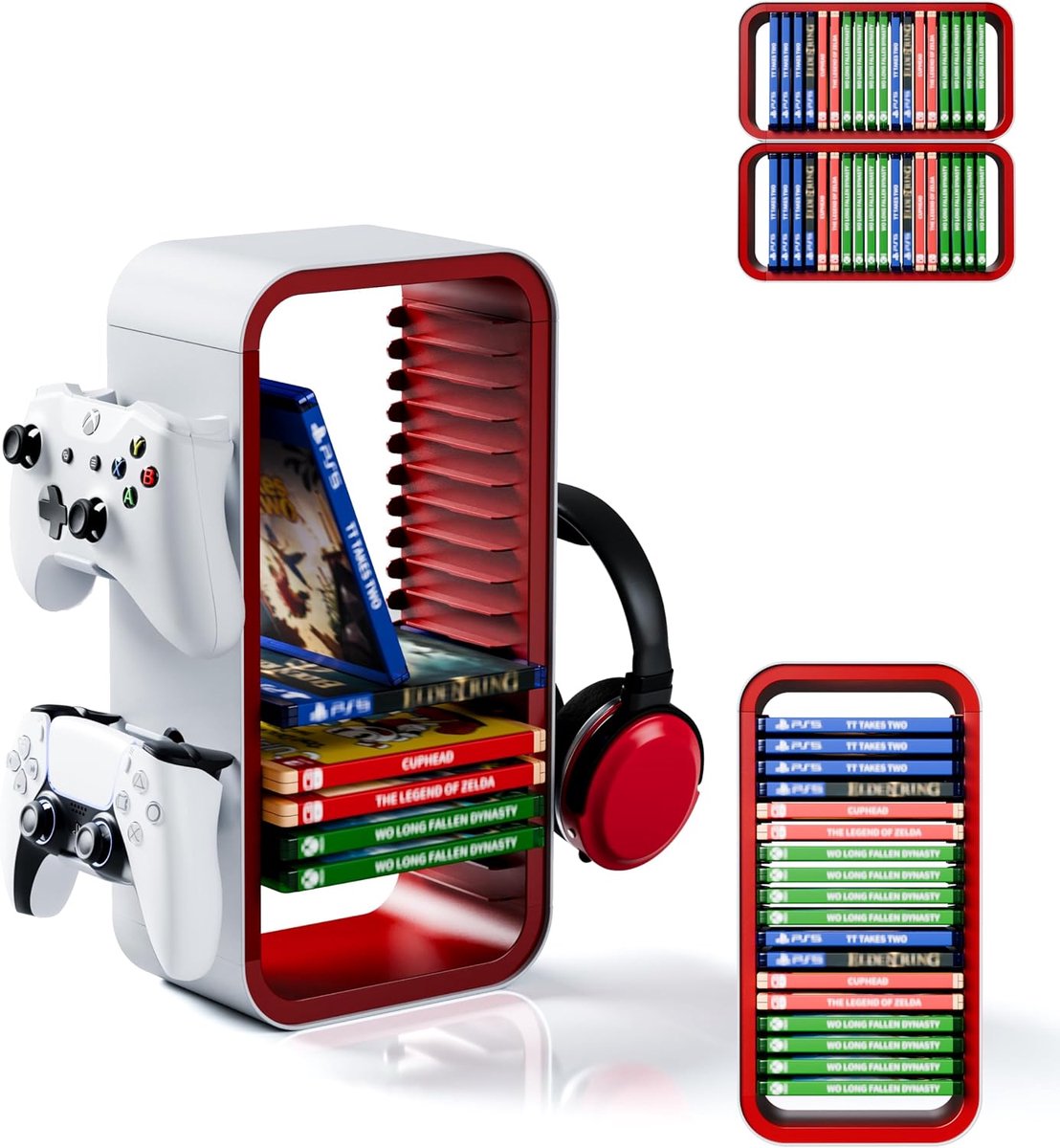 Games Storage Tower Pro - voor maximaal 18 games - met controllerhouder voor maximaal 4 gamepads - Game-accessoires voor PS5, PS4, PS3, Xbox X/S/One, Switch 1 + 2, Switch OLED, BluRay,, Wit