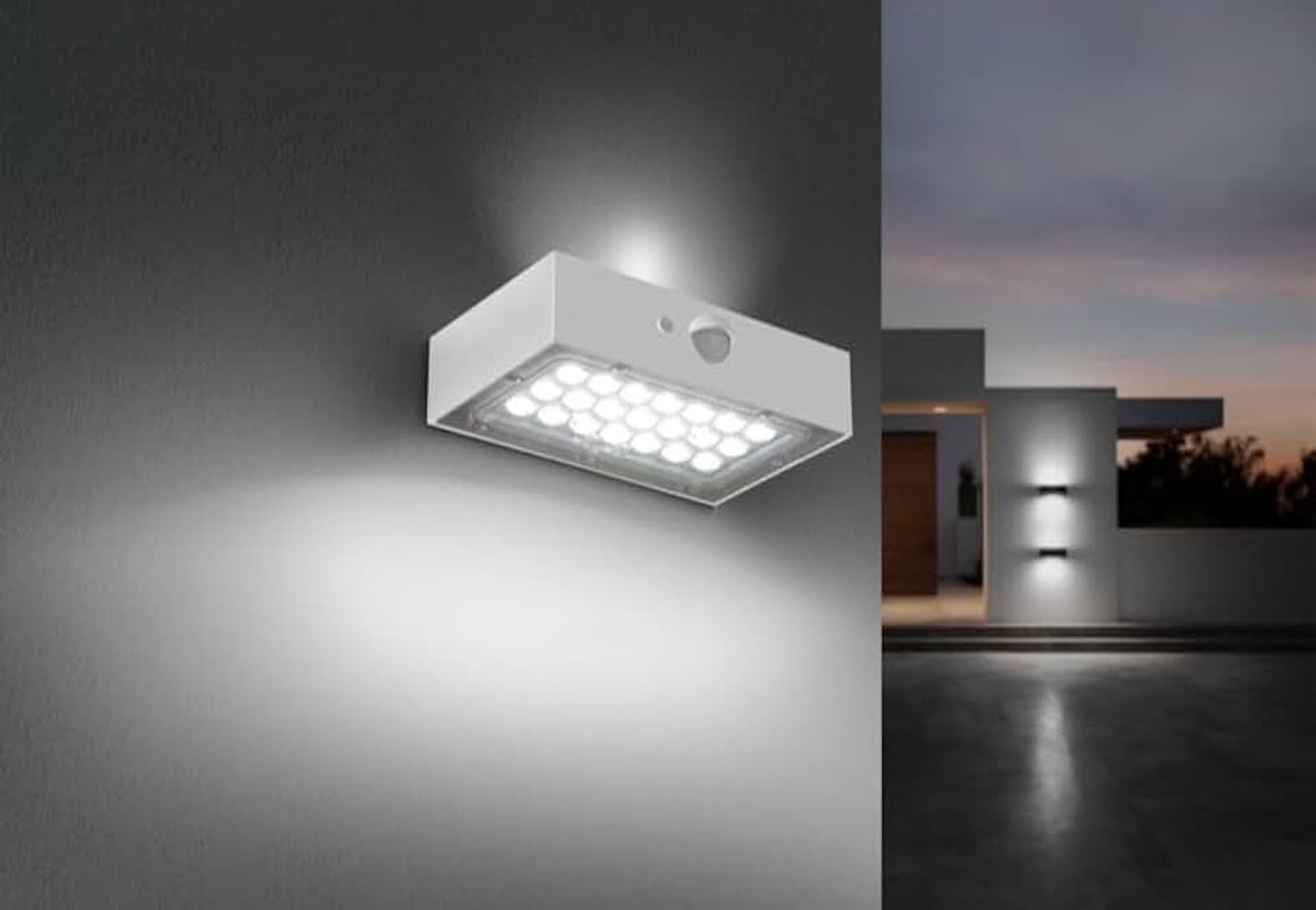 Led-wandlamp op zonne-energie, 3 W, 4000 K, 350 lm, IP65, ideaal voor verlichting buiten en in de tuin.