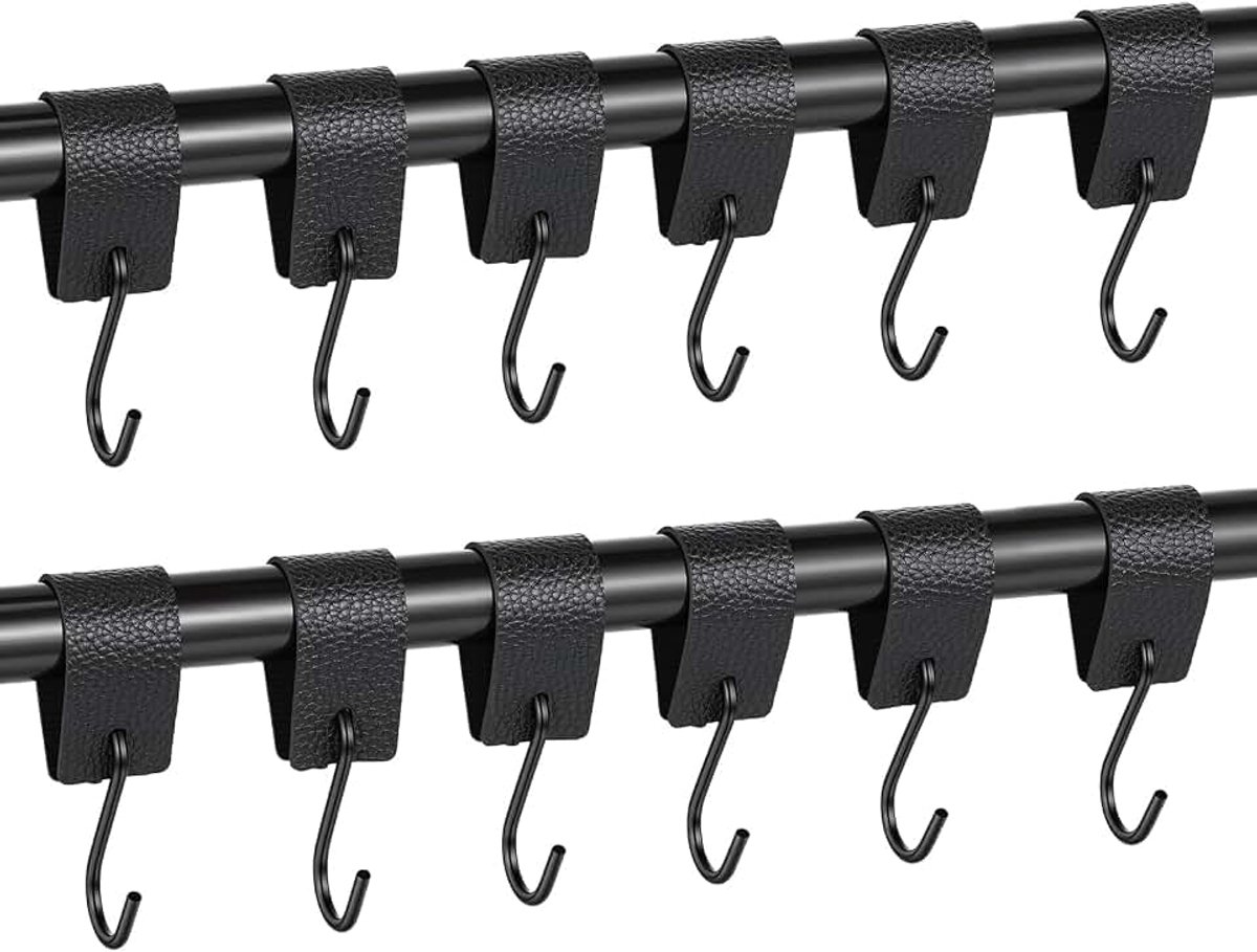 Set van 12 S-haken met leren lus, zwarte haak kledingstang, metalen haken zonder boren voor kledingkast, keuken, badkamer, stang, slagerhaken (zwart)