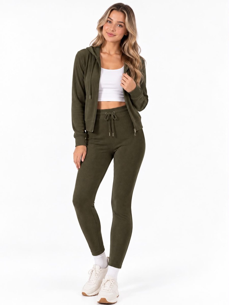 Dames Rib Fluffy Lounge Set-Trainingpak- Hoodie met capuchon-Rits-Joggingpak-Huispak-M/L(38/40) NGHP-W26003 Leger Groen