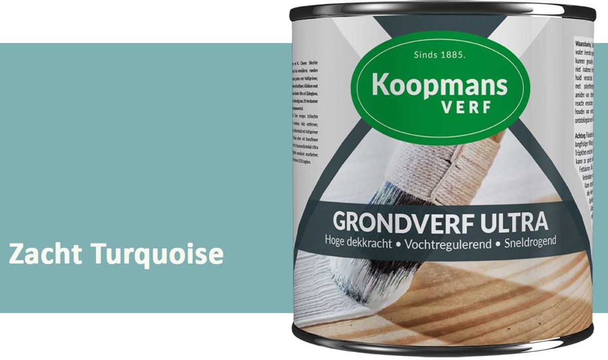 Koopmans Grondverf Ultra – Grondverf Hout & Metaal Binnen en Buiten – Vochtregulerende Primer – Hoge Dekking – Zijdeglans – Zacht Turquoise – 375 ml