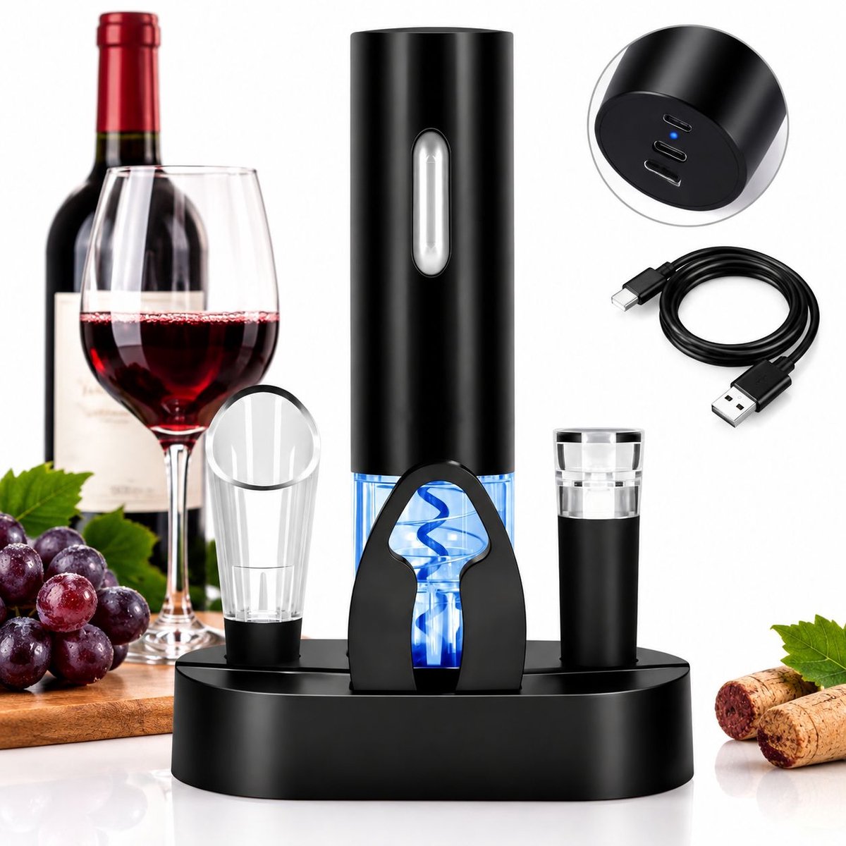VHV - Elektrische Kurkentrekker Set - Elektrische kurkentrekker oplaadbaar - Wijnset - Wijn accessoires - Wijnopener - Flesopener - Vaderdag cadeau