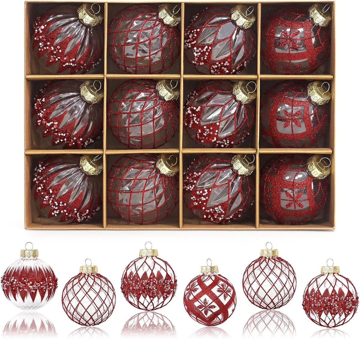 Set van 12 shatterproof kerstballen van 80 mm met glitters voor kerstboomdecoratie in het rood