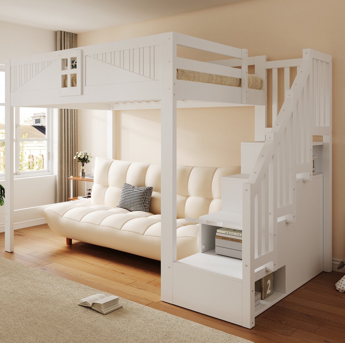 MODENUIT Hoogslaper – Veiligheidshekje met Raam – 140 x 200 cm – Hout – Wit – Opbergladder – Vrije Ruimte Onderin