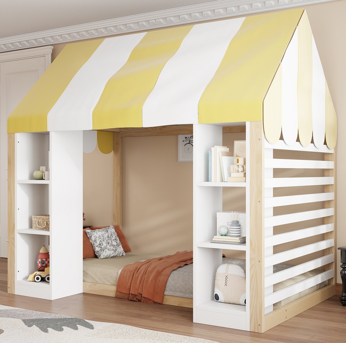 MODENUIT Kinderbed Hemelbed - 90 x 200 cm - Hout - Wit en Naturel - Open Opbergruimte - Landhuisstijl voor Kinderkamer
