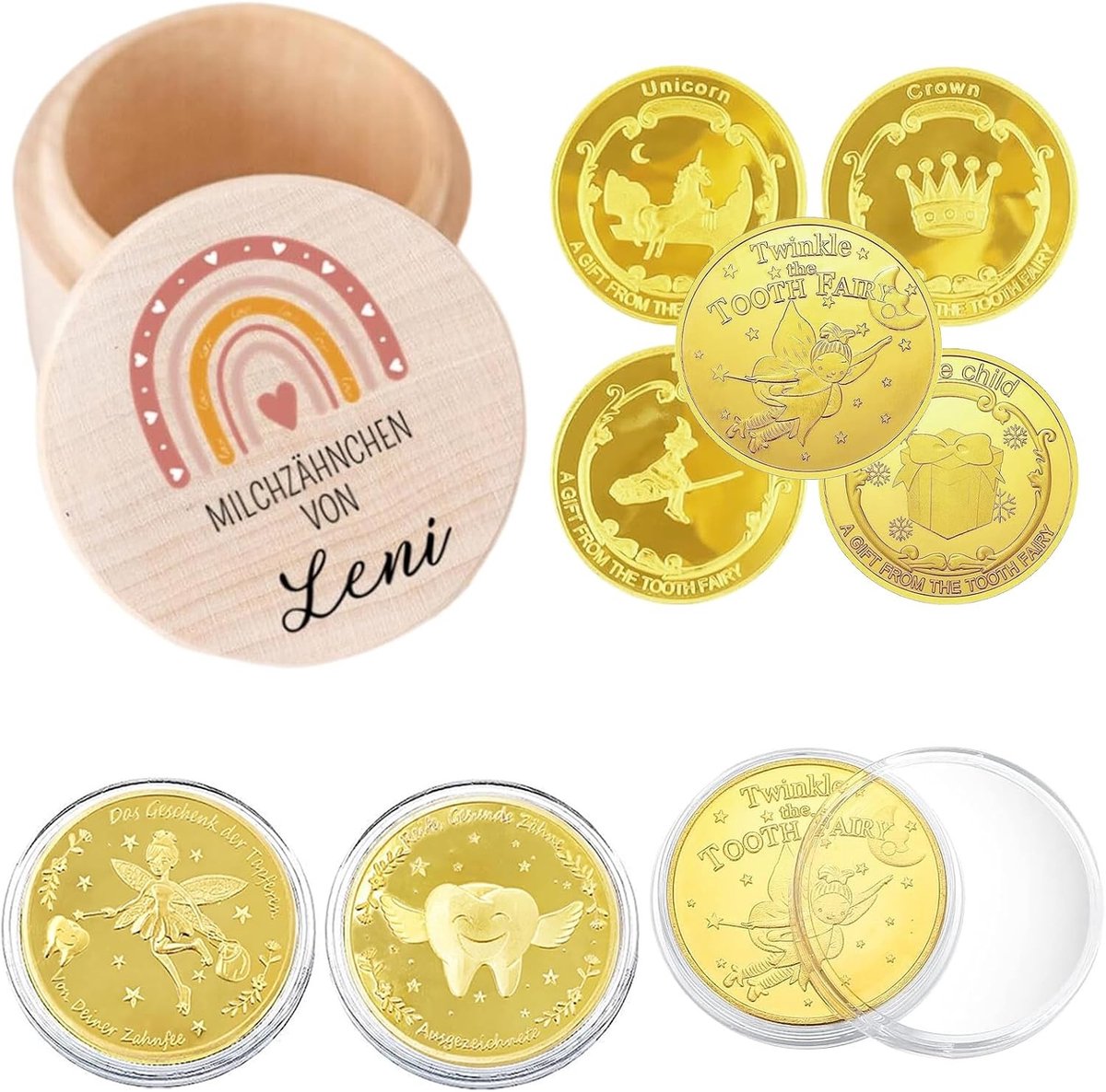 6-delige Houten Tandenborstel en Gouden Munt Set, Schattige Melktanden Doos voor Kinderen, Perfecte Verjaardagscadeaus voor Jongens en Meisjes die Hun Tanden Verliezen
