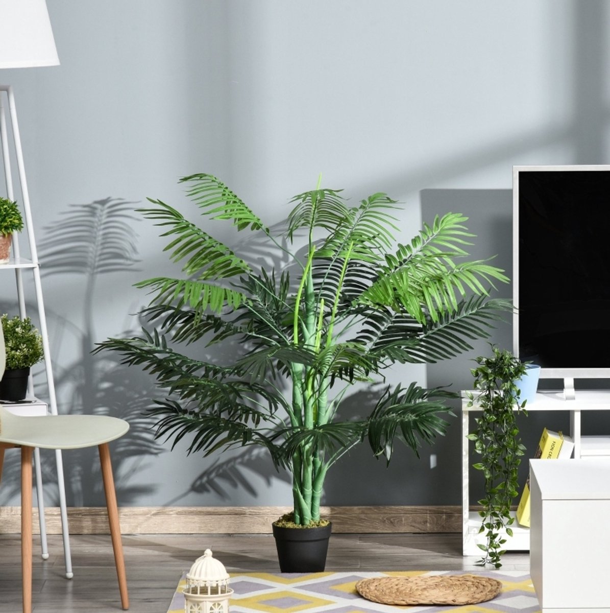 DESMIU Kunstpalm – 125 Cm – Buigbare Metalen Draden – Kunststof – Groen – In Zwarte Pot Voor Binnen En Buiten – 18 Palmbladeren