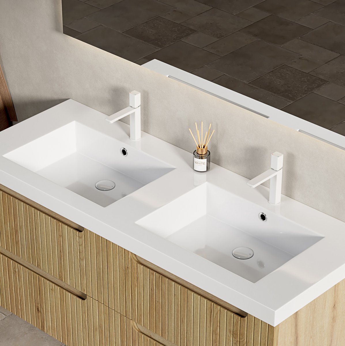 DESMIU Wastafel – Dubbele Wasbak 120 cm – Kunststeen – Wit – Zonder Onderbouwkast – Twee Wasbakken Met Overloop Voor Badkamer