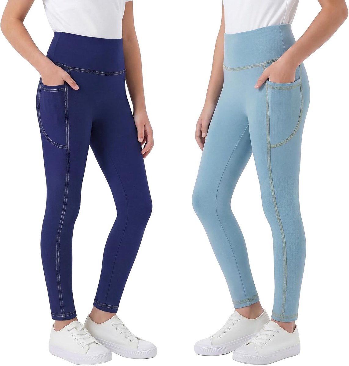 Skinny Denim-look Jegging Hoge taille Lange broek, 2-pack, zachte ademende broek met zijzakken Kinderlegging voor school Rekbare casual legging voor 6-13 jaar