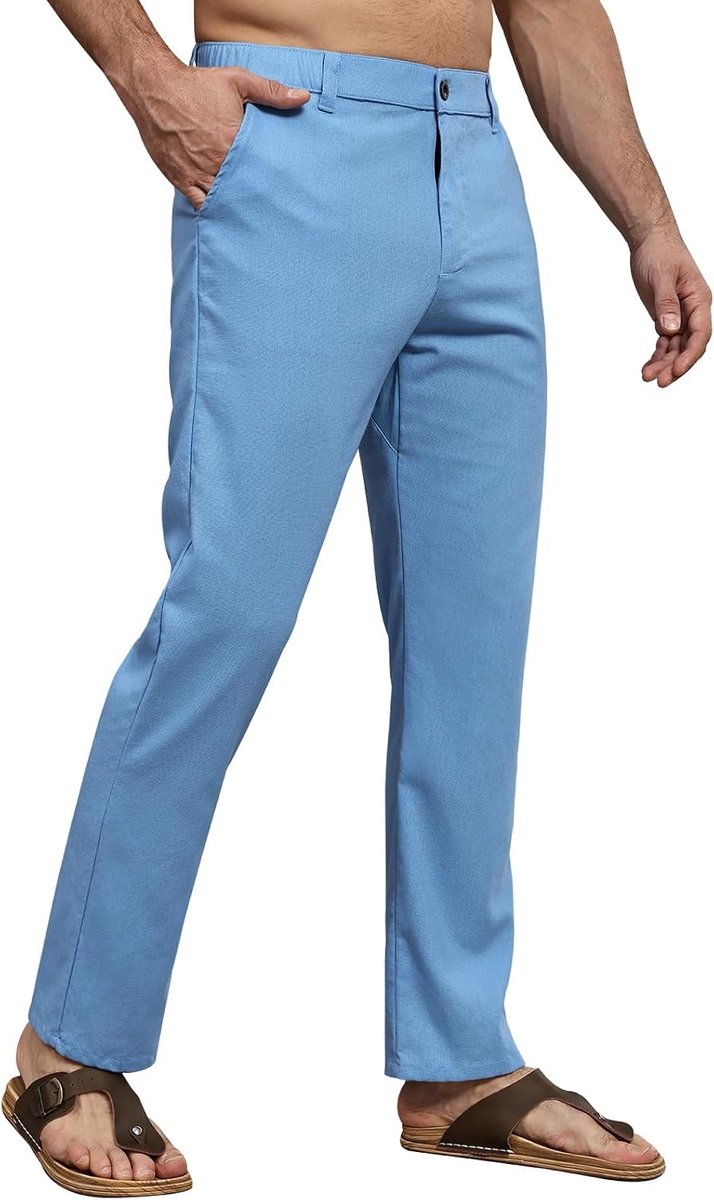 Linnen broek voor heren, casual, zomer, strandbroek, recht, ademend, kreukvrij, elastische tailleband met zakken