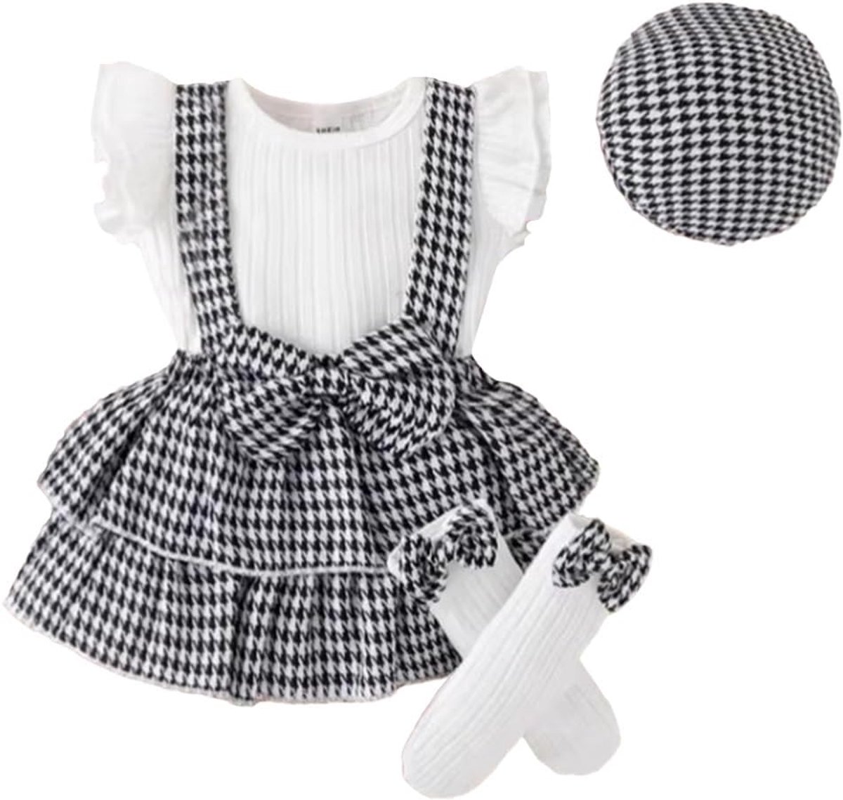 Babykleding voor meisjes, geruit, mouwloos, geribbeld, bovendeel, rok met muts, sok, babyoutfit