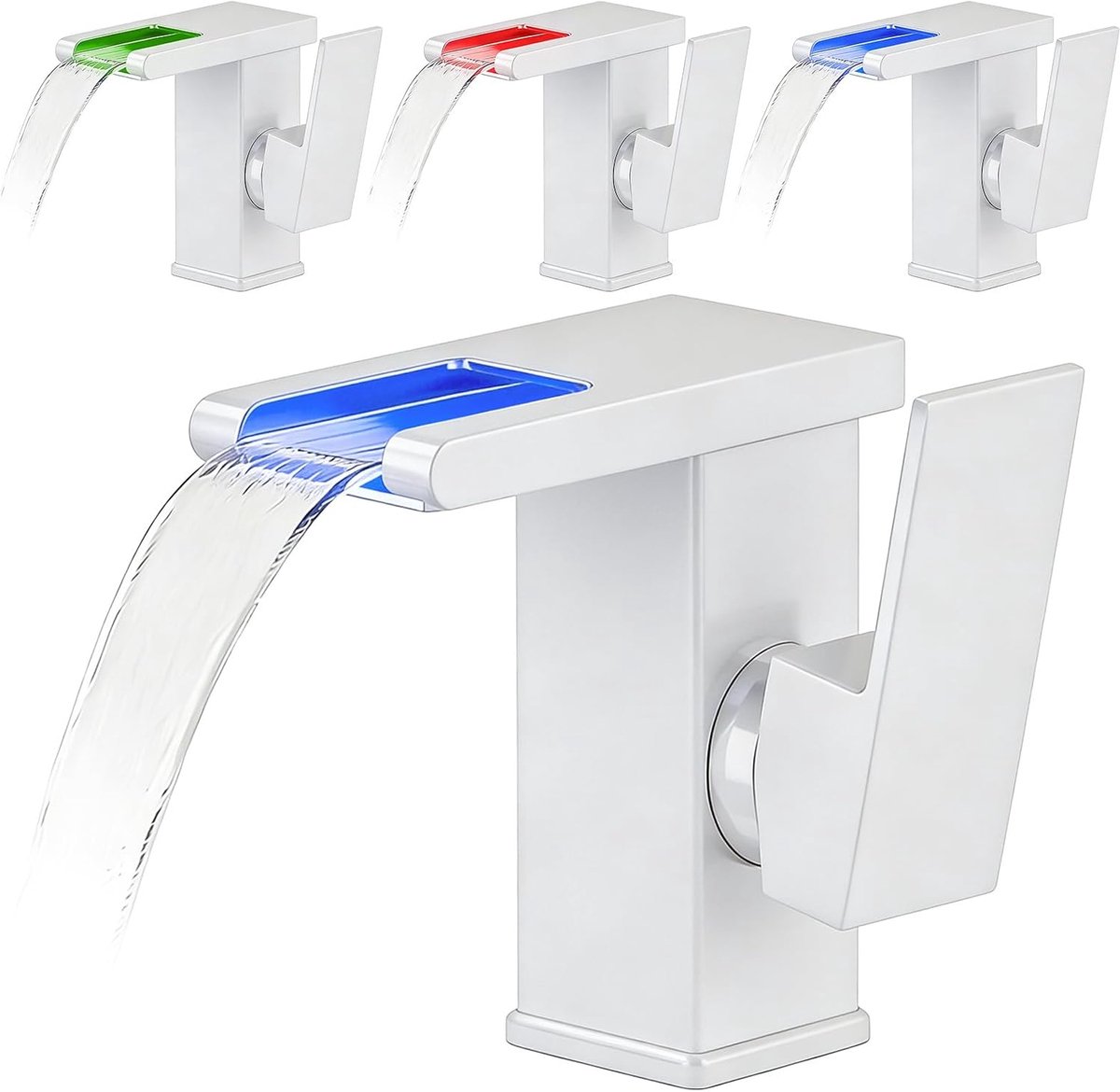 Kraan voor badkamer met LED-verlichting, waterval, 3 kleuren, eengreepsmengkraan voor warm en koud water, verchroomd, modern, grijs, 60 cm slangen inbegrepen