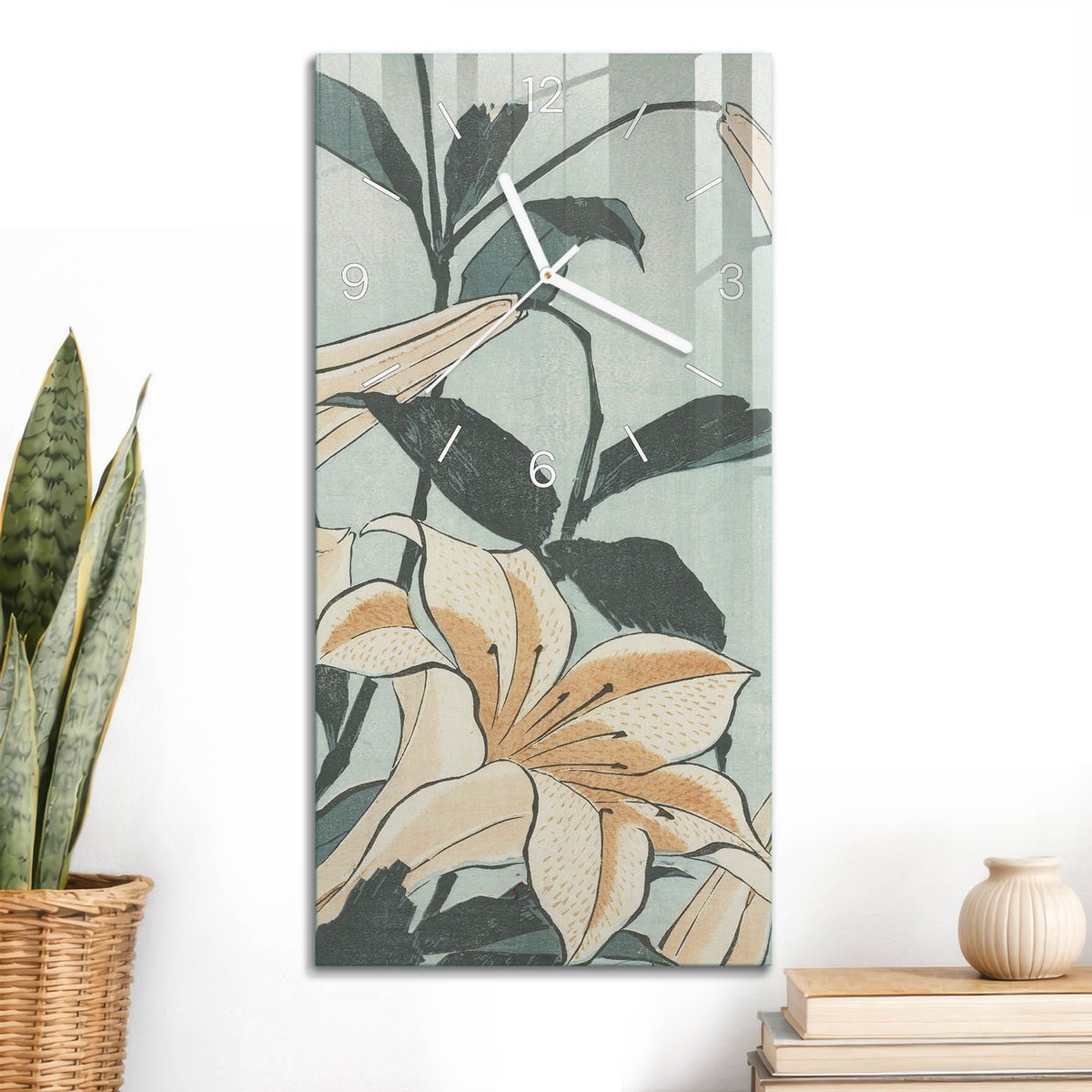 ArtPrintCave Turkoois Glazen Klok - 30x60 cm - Rechthoekige Wandklok - Leliebloemen Stille Wandklok - Kunst Wandklok Keuken - Witte Klokwijzers