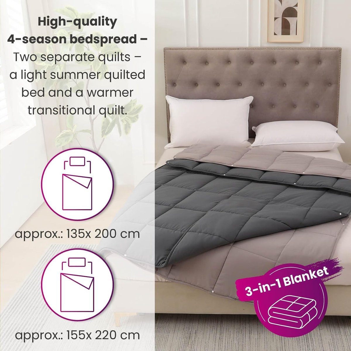 Dekbed zonder overtrek - Grijs - 155 x 220 cm - Microvezel 3-in-1 Omkeerbaar Winter- en Zomerdekbed - Voor Alle Seizoenen