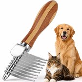 Huisdierkam Ontklitkam voor honden en katten, 45° roestvrijstalen ondervachtkam verwijdert klitten, knopen en losse haren, verzorgingsborstel voor huisdieren met lang en kort haar, ergonomische handgreep van natuurlijk bamboe