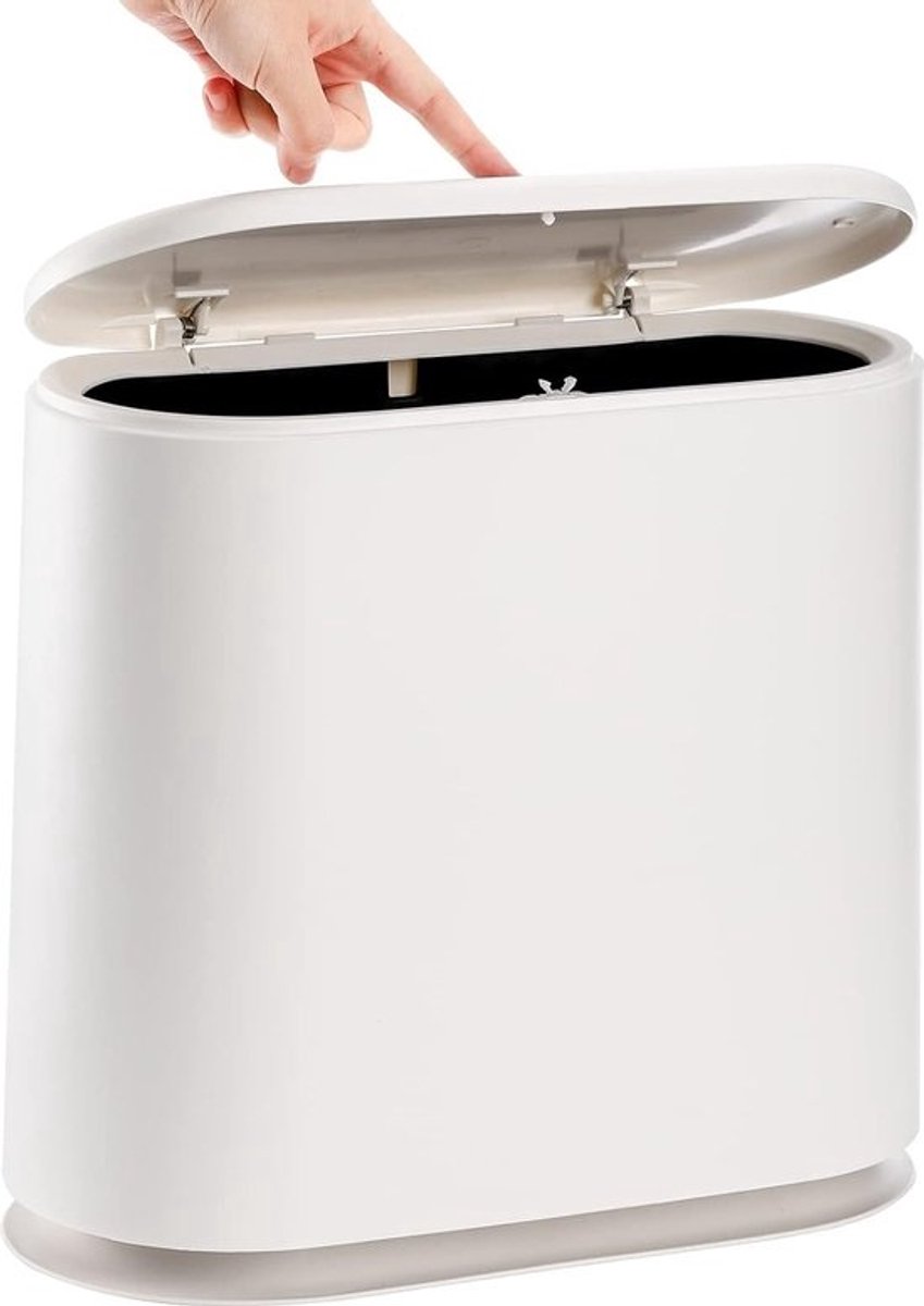 2,2 Gallon/10L plastic prullenbak met drukdeksel, ovale smalle afvalmand, prullenbak, badkamer, prullenbak voor woonkamer, slaapkamer, keuken, kantoor, gemakkelijk schoon te maken, wit