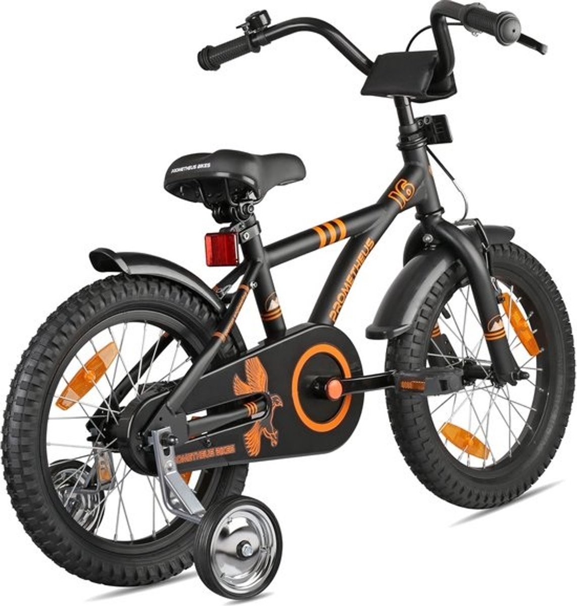 kinderfiets 16 inch fiets jongens meisjes van 5 jaar oude met zijwieltjes terugtraprem in zwart mat oranje BMX