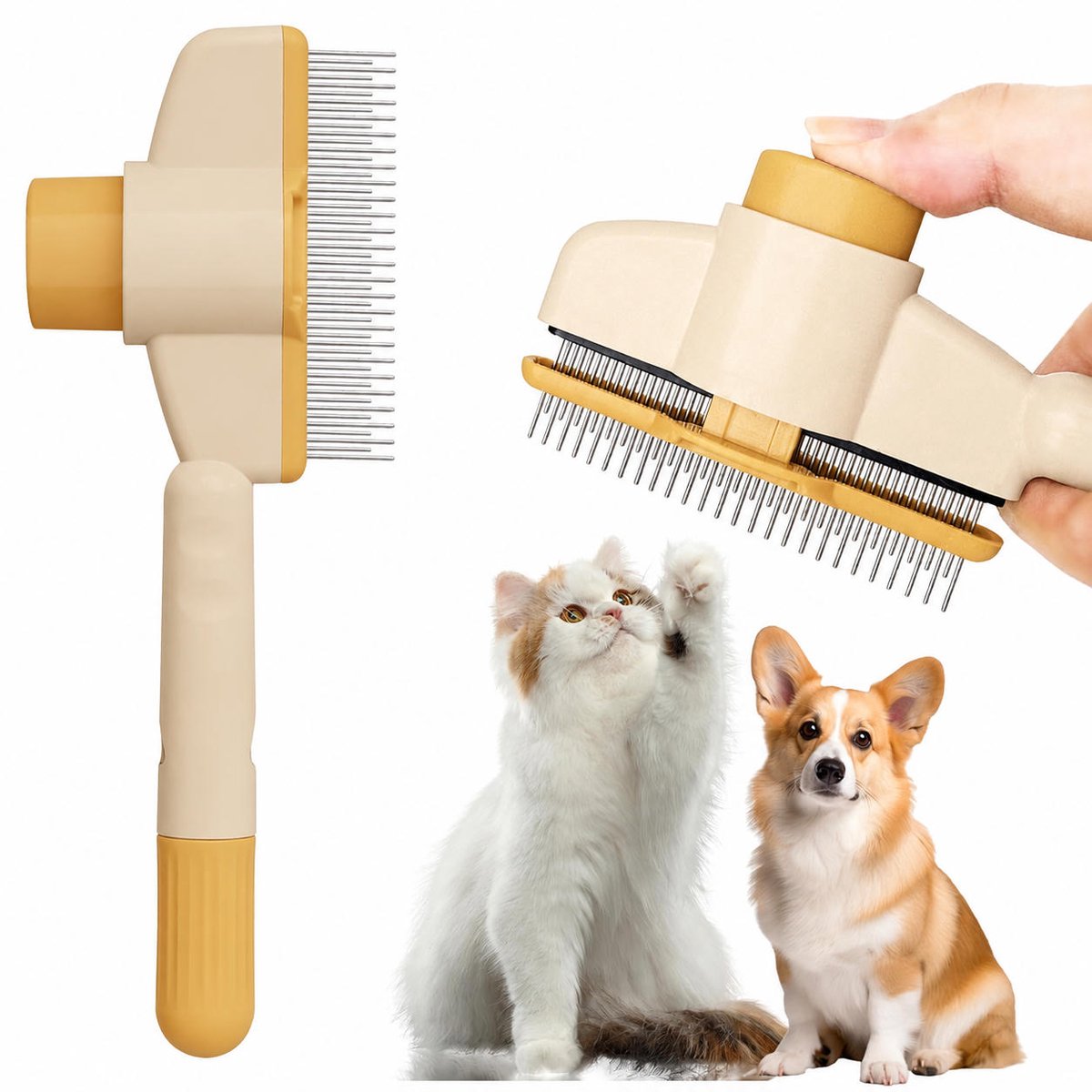 Zelfreinigende katten ontklitborstel met releaseknop – ABS en roestvrijstalen afgeronde pin slicker voor katten en honden, verwijdert losse haren en klitten