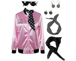 helymore Outfit in jaren 50-stijl voor dames, Sandy, T-Birds, Danny, roze satijnen jack met sjaaltje, voor Halloween of verkleden