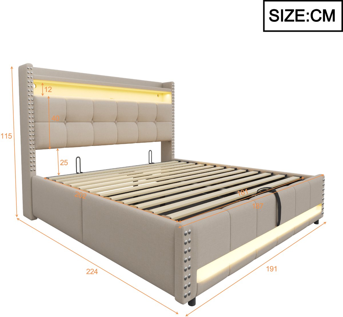 Gestoffeerd tweepersoonsbed - Opbergbed - LED-verlichting - USB-aansluiting - Hydraulisch systeem - Slaapkamer - 180x200 cm - Beige linnen stof