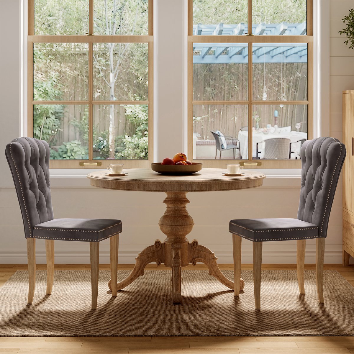 Eetkamerstoelen set van 2 donkergrijs fluweel met knooptufting, spijkerdecoratie en houten poten