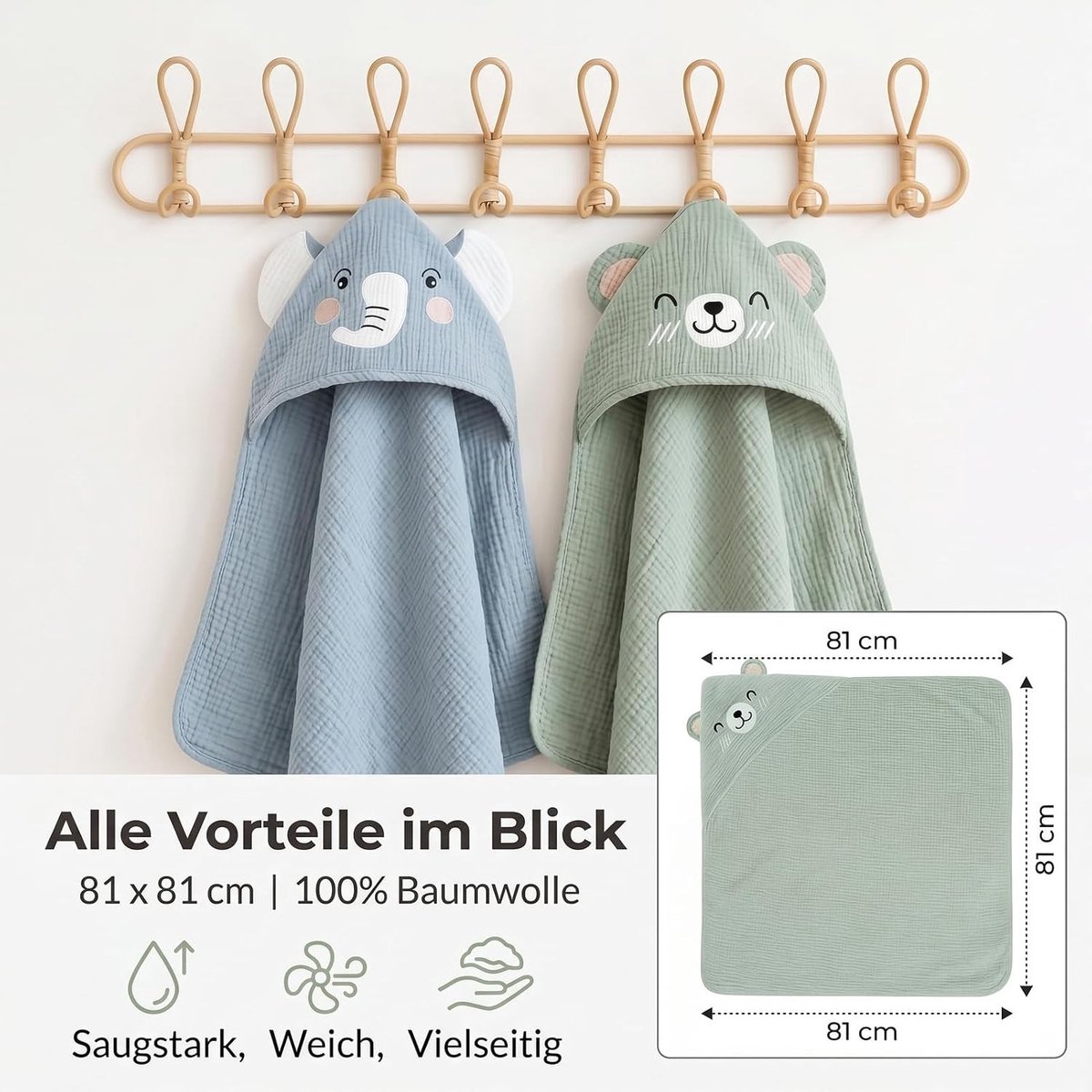 Badcape baby - Lichtblauw - 81 x 81 cm - Katoenen Mousseline Handdoek met Capuchon - Uniseks